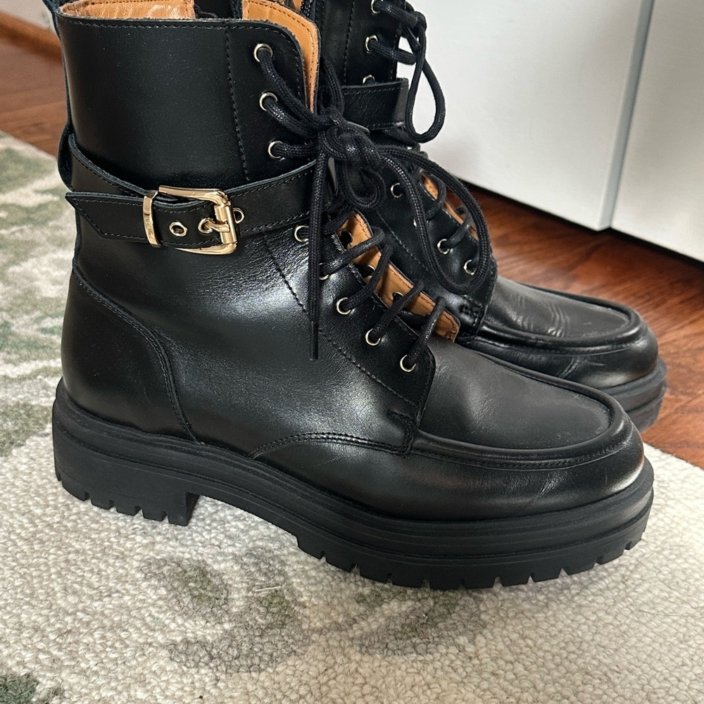 Sezane Black Lace-Up Boots with Gold Accent